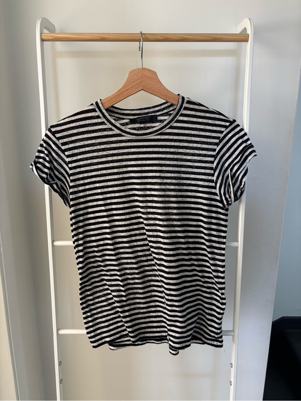 All Saints Black and White Striped Crewneck Tee